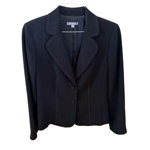 Ann Taylor Sz 10 Black Suit Blazer Jacket White Top Stitch 2 Button Lined Office